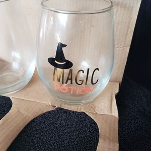 Two wine glass with logo Witches Potion  with witches hat